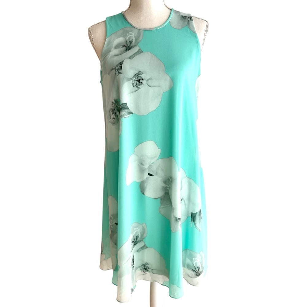 Calvin Klein Turquoise Blue and White Sleeveless Floral Print Shift Dress Size 8